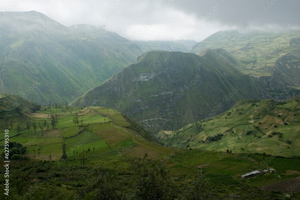 Scenic view of green fields and mountains between Quito and Limon; Ecuador