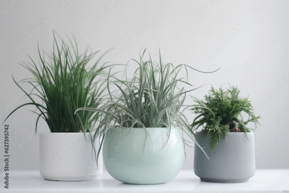 Bright and fresh green plants in flower pots on a white background.