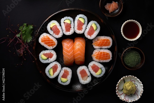 Seductive Japanese sushi with a variety of seafood, top view.