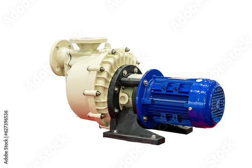 plastic centrifugal pump assembly electric motor for conveying or supply chemical solution or etc. in industrial isolated on white with clipping path