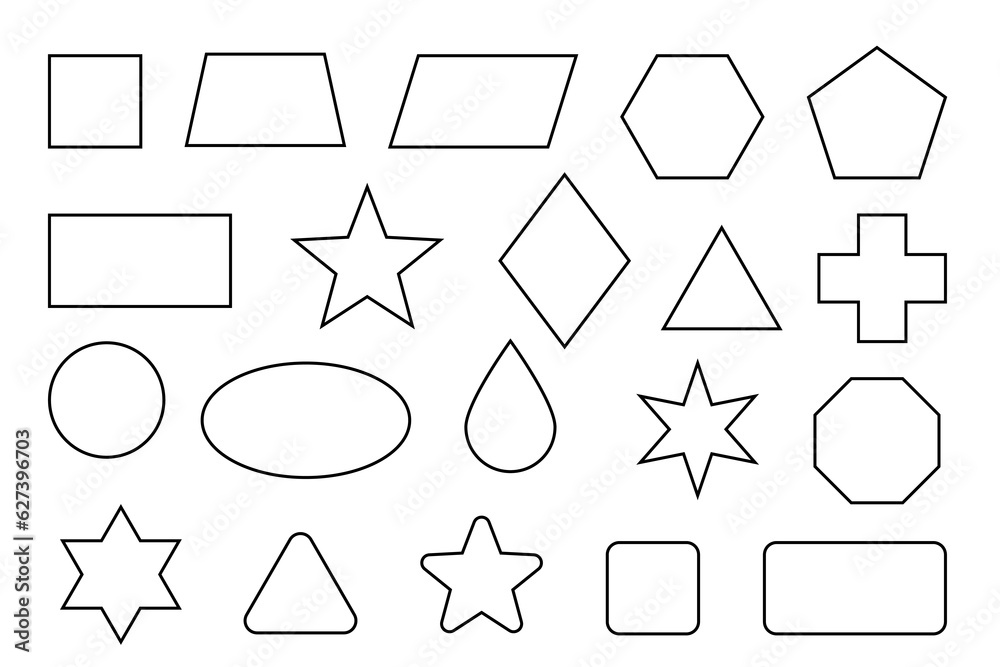 Basic shape outline set. Simple geometry shapes set. Geometric primitives icons. Editable stroke.