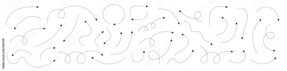 Thin curved dotted arrow. Zigzag arrow stripes design with dotted lines. Thin arrows. Vector illustration. Thin curved dotted arrow. Zigzag arrow stripes design with dotted lines. Thin arrows. Vector illustration.
