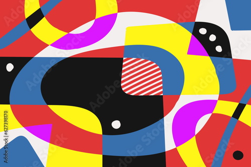 Abstract hand drawn vector background with different color geometric objects. Modern contemporary trendy illustration.