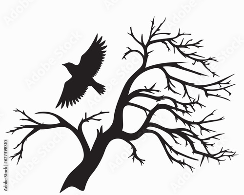 Silhouette of a bird flying in the tree branches vector illustration