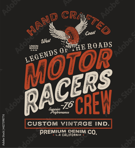 print design for tee with motorcycle wheel and wing