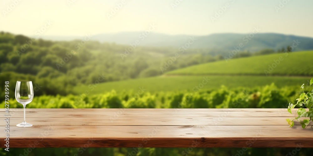 Empty wood table top with on blurred green vineyard landscape background in spring Empty wood table top with on blurred green vineyard landscape background in spring