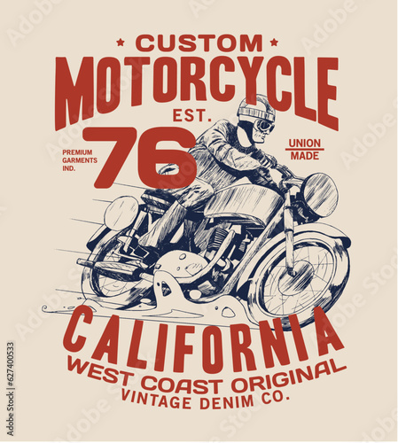 motorcycle concept tee print design with motorbike and rider drawing as vector