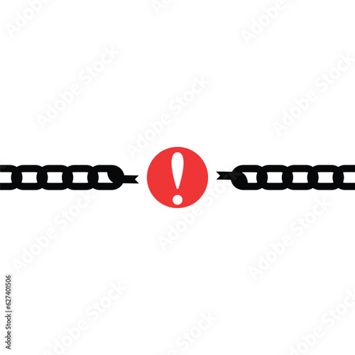 black broken chain with failure icon like exclamation. flat modern disruption logo element graphic design isolated on white background. concept of online system error or unleash or easy disconnect