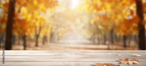 Empty old white Wooden tabletop in front of maple trees in autumn blurred background