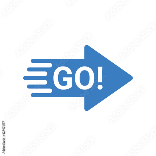 blue arrow icon with go word like action. concept of choice of direction or direction badge. abstract flat trend modern move or way logotype graphic web design element isolated on white background