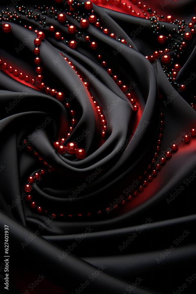 Obraz premium Dark elegant wallpaper made of black silk with red pearls. Aesthetic fashion, passion and love background. Generative AI.