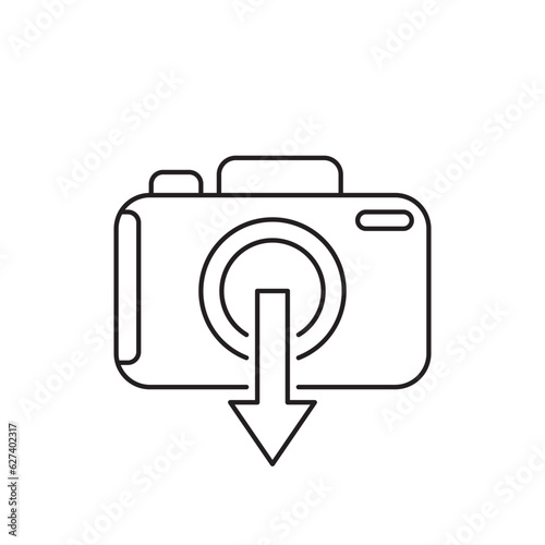 thin line camera like upload your photo. concept of multimedia receive and web image download label. linear style trend modern simple logotype graphic art design isolated on white background