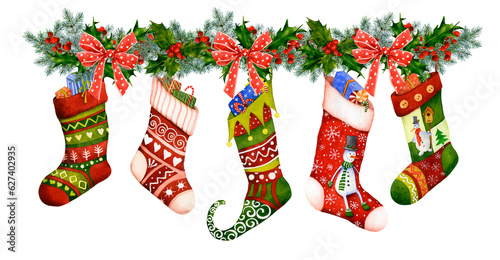 A colorful Christmas garland with fir branches, holly, Christmas socks with gifts, red bows and berries, hand drawn in watercolor. Watercolor Christmas illustration. Isolated image