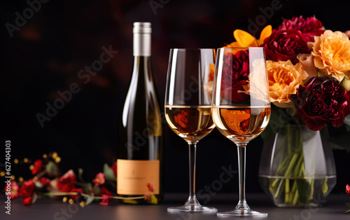 Autumn Still Life composition with wine bottle and glasses, flowers in modern vase on the wooden table. Copy space. Dark Blurred background.