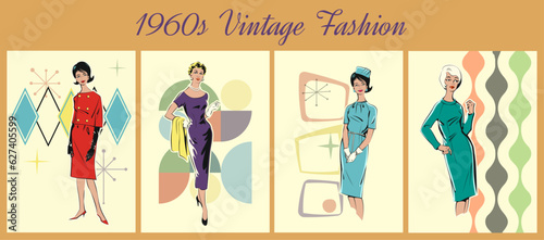 1960s Retro Style Woman Outlook Fashion Posters Set. Mid Century Modern Mode Vintage Illustration
