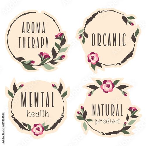 Set of floral stickers with text aromatherapy, mental health, organic, natural product. Collection of flower label, badges, tags. Vector illustration for homeopathy, beauty, packaging, advertising