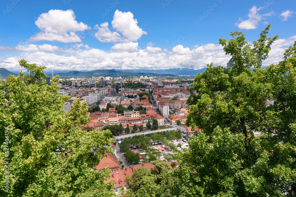 Ljubljana, Slovenia - June 27, 2023: Cityscape of the Slovenian capital Ljubljana. Panorama of Ljubljana, Slovenia. View to Ljubljana City Center