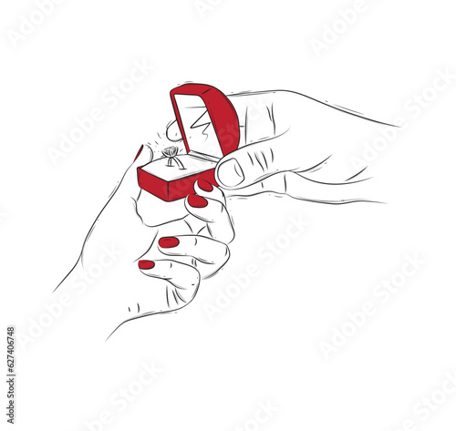 Man makes an wedding purpose to a girl and gives a ring in a jewelry box drawing on white background with red
