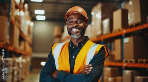 Black man employee working at warehouse storage, male worker checks the equipment part on the storage shelf.