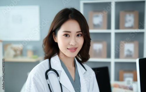 Young Asian woman doctor at hospital, Holding clipboard reporting patient report in the examination room.