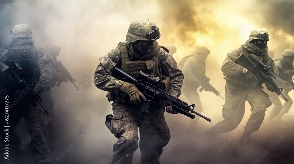Army team on a mission on war, Soldiers during Military Mission. Army team on a mission on war, Soldiers during Military Mission.