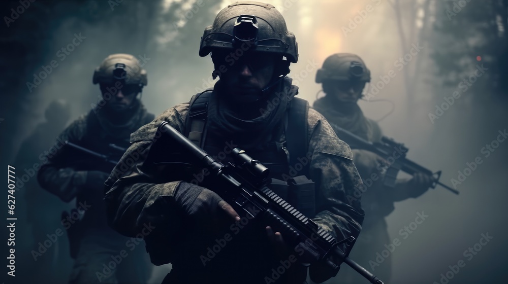 Military fighting on war, US Army soldier soldiers in a cloud of smoke, Military conflict.