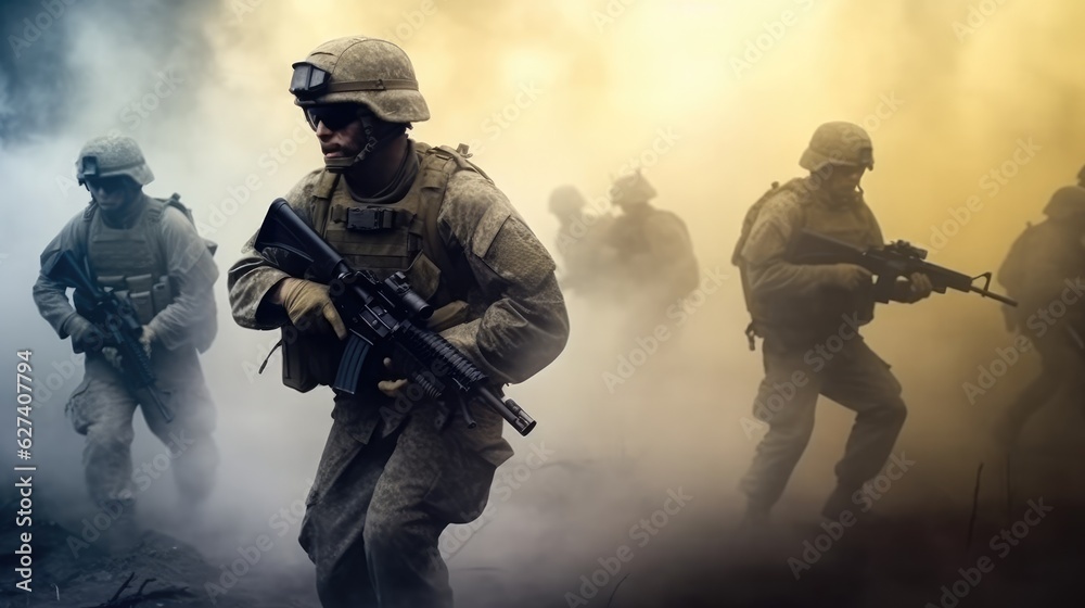 Army team on a mission on war, Soldiers during Military Mission. Army team on a mission on war, Soldiers during Military Mission.