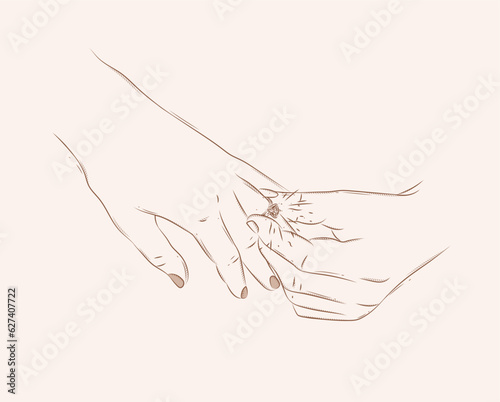 Hand of man wearing wedding ring on woman finger drawing on beige background