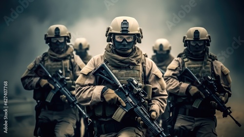 Military fighting on war, US Army soldier soldiers in a cloud of smoke, Military conflict.