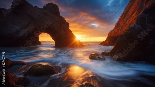 Arch shaped by the tide in blue sky at sunset, Epic fantasy scenes, Dark gray and orange. © visoot
