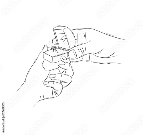 Woman hand reject marriage proposal with ring in jewelry box drawing on white background © anna42f