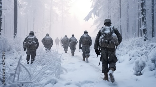 Fotografiet Rear view Group of infantry soldiers in uniforms, walking over snow covered landscape, Action on war battle in jungle