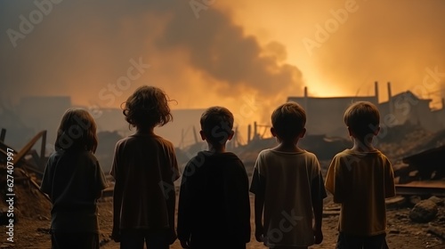 Group of children standing looking amidst the ruins of a destroyed city, War Concept.