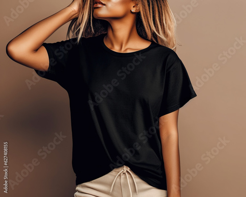 Black Shirt Mockup, Oversized Blank T-Shirt Template, Fashion, African American, Female, Black Girl, Women, Model Wearing a Black Tee Shirt
