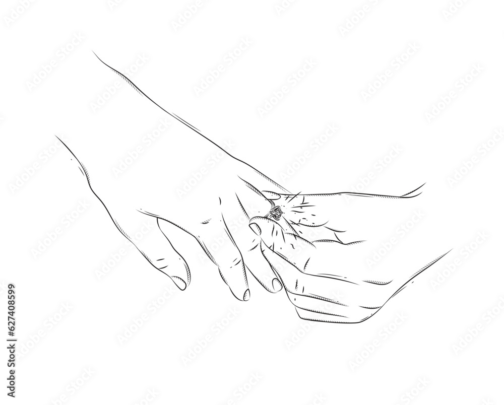 Hand of man wearing wedding ring on woman finger drawing on white background