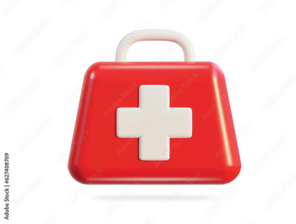 Obraz premium First aid kit, ambulance emergency box, medical help suitcase. Healthcare, emergency concept. 3d vector