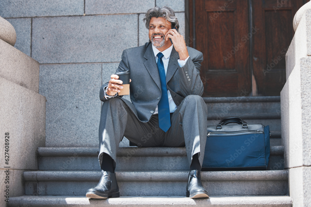 Business man, phone call and city steps on coffee break with lawyer networking and communication. Mobile, male employee and professional talking with tea on technology ready for attorney work Business man, phone call and city steps on coffee break with lawyer networking and communication. Mobile, male employee and professional talking with tea on technology ready for attorney work