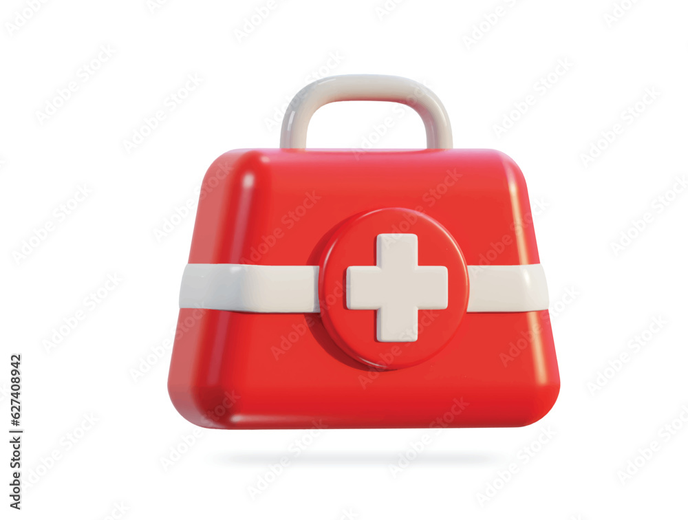 Obraz premium First aid kit, ambulance emergency box, medical help suitcase. Healthcare, emergency concept. 3d vector