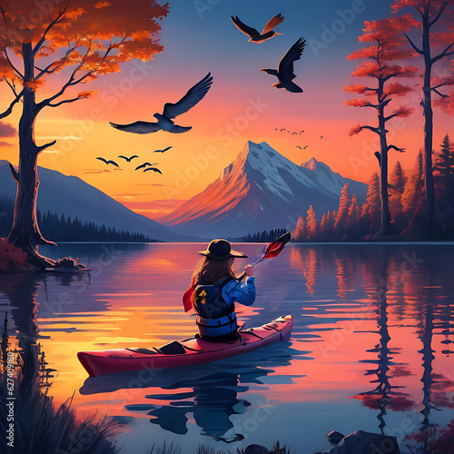 Kayaking on a Lake Illustration