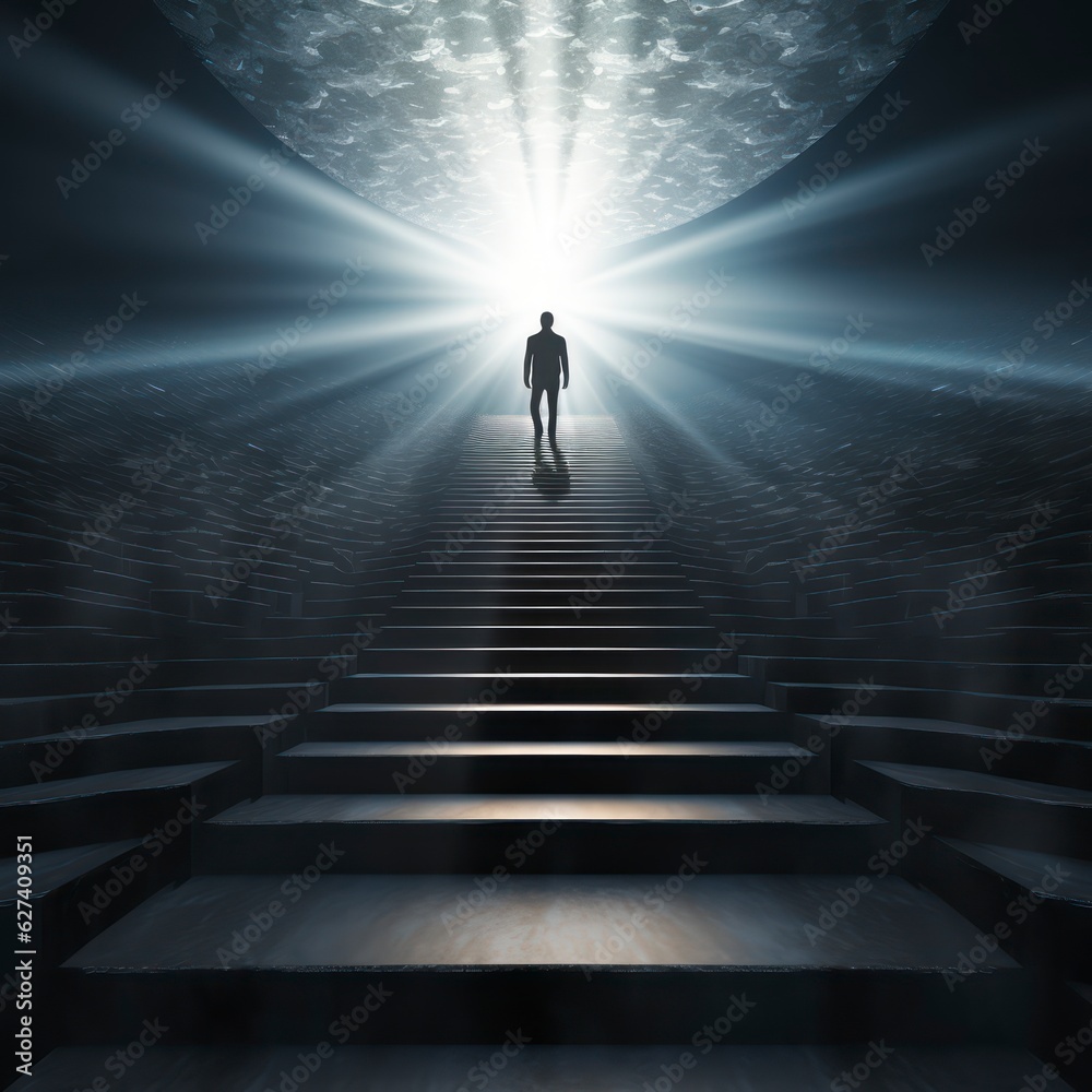 Businessman walks on a staircase from a dark cellar to the top where he reaches sunshine and success
