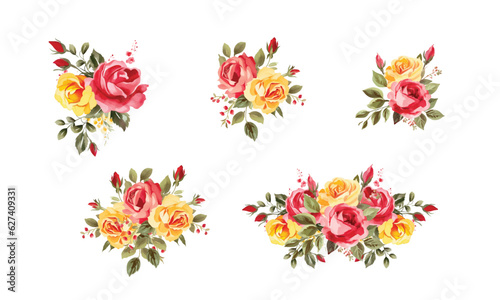 Watercolor floral arrangement, watercolor flowers bouquet, rose red and yellow for wedding, greetings, wallpapers, backgrounds, cards
