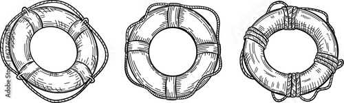 Set of lifebuoy with rope isolated sketch. Hand drawn life ring in engraving style collection.