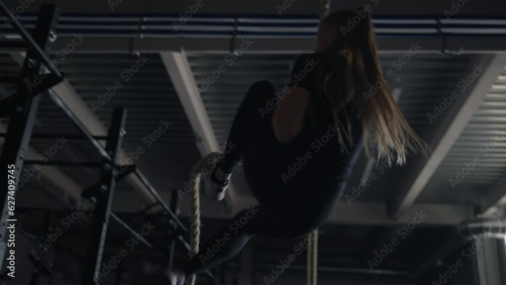 Active Pastime And Sport, Women Training In Gym, Young Blonde Lady Jumping Rope And Climbing Rope Active Pastime And Sport, Women Training In Gym, Young Blonde Lady Jumping Rope And Climbing Rope