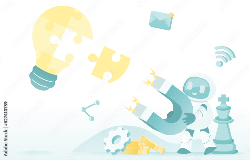 Fototapeta premium Artificial Intelligence (AI) technology and brainstorming analyzing market trend, considering risk and opportunity to improve and develop company strategy and tactics. Flat vector illustration.