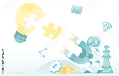 Artificial Intelligence (AI) technology and brainstorming analyzing market trend, considering risk and opportunity to improve and develop company strategy and tactics. Flat vector illustration.