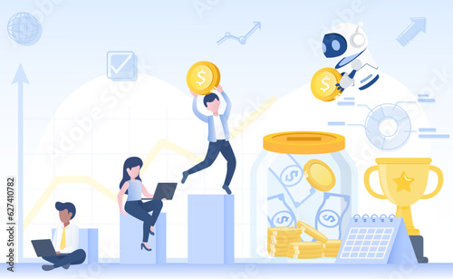 Artificial Intelligence (AI) technology business growth and success. Collaboration between people and ai robot to saving, planning, working for achieve success goals. Flat vector design illustration.