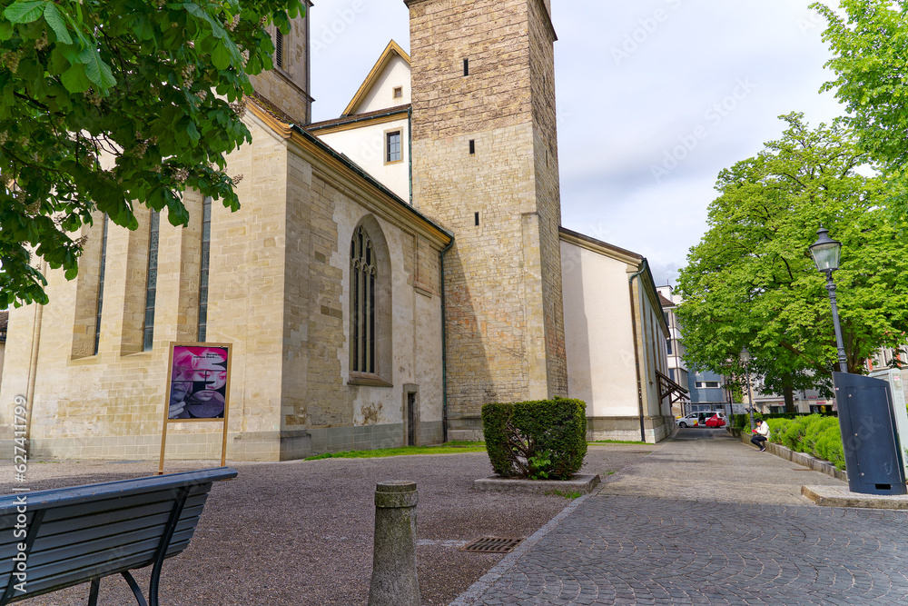 Scenic view of medieval protestant church at the old town of Swiss City of Winterthur on a blue cloudy spring day. Photo taken May 17th, 2023, Winterthur, Switzerland. Scenic view of medieval protestant church at the old town of Swiss City of Winterthur on a blue cloudy spring day. Photo taken May 17th, 2023, Winterthur, Switzerland.