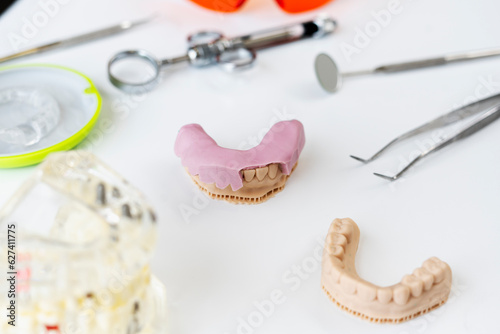 Porcelain dental cast, mirror and iron forceps laying at the white table