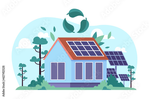 Recycle symbol and house with solar panels vector illustration. Sustainable building with alternative energy sources, green trees and recycling symbol. Green living, ecology, sustainability concept