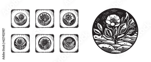 Set of scandi block print floral motif for vintage collection. Monochrome folk art botanical clip art group. 